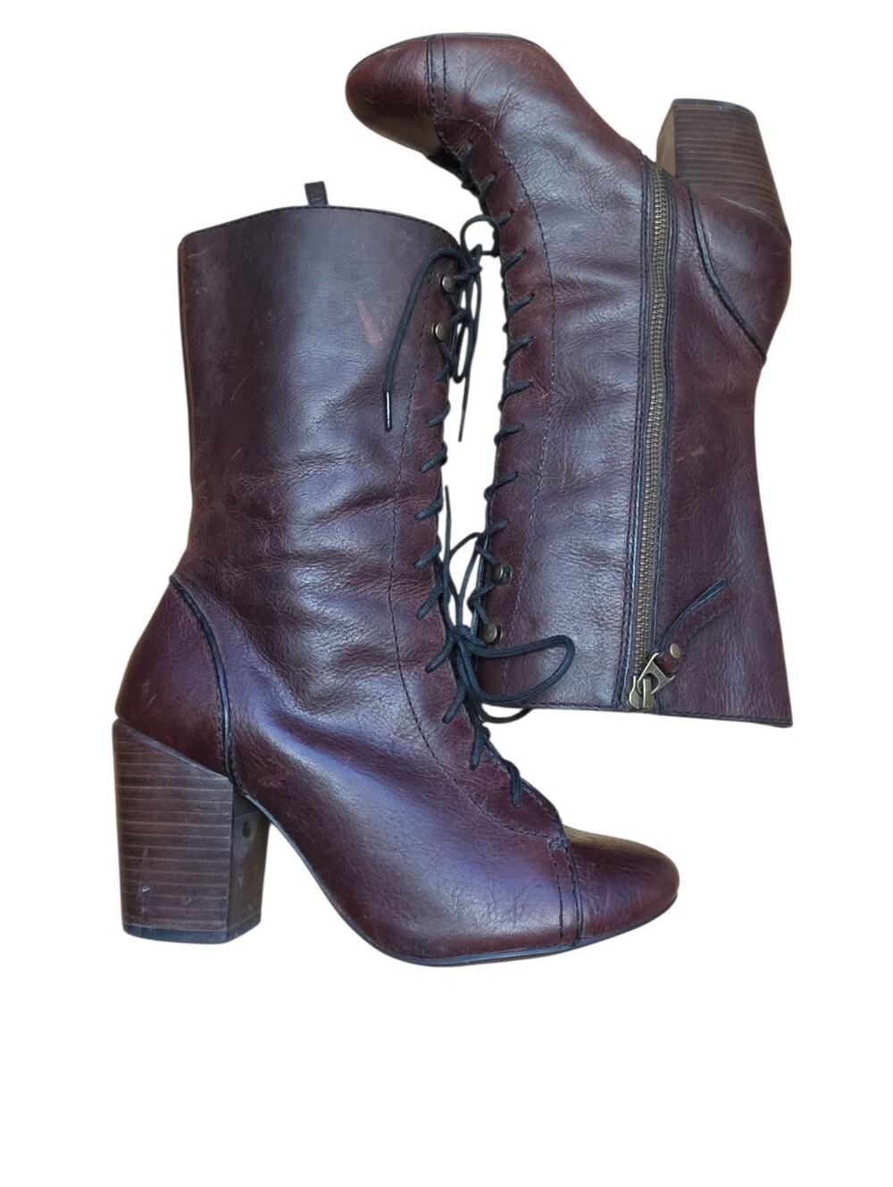 Vintage Y2K Fossil Mid Calf Lace Up Brown Leather Boots 7